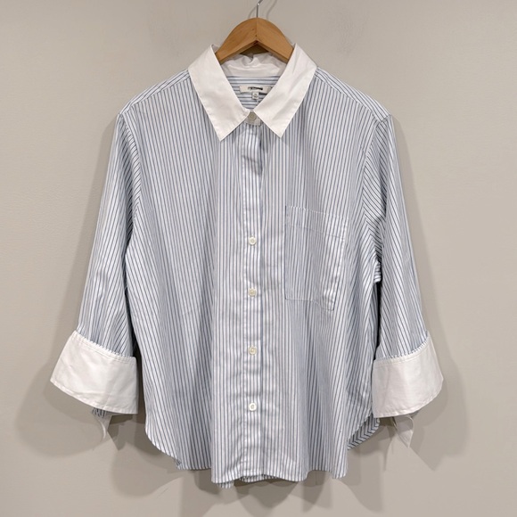 Madewell Tops - Madewell Blue/White Striped Y-Neck Adjustable Sleeve Button Up Shirt XL NWT